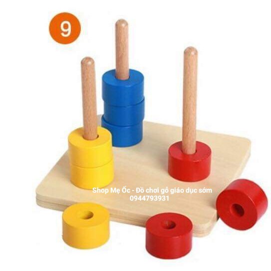 (Có ảnh thật) Thả 3 đĩa tròn khác màu trên 3 trục thẳng đứng - Giáo cụ Montessori 0-3