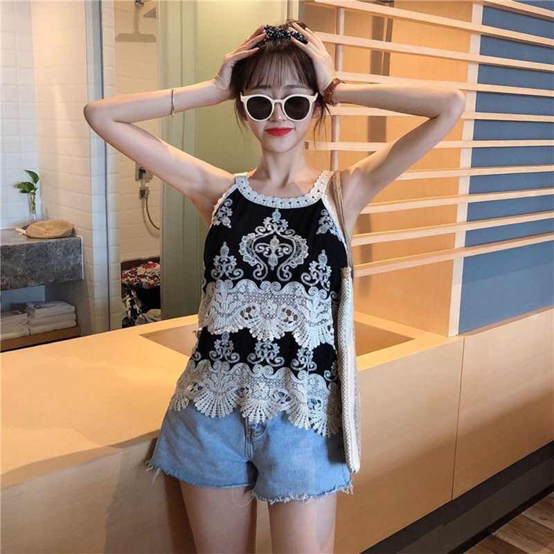 Áo Hai Dây Thêu Hoa Phối Ren Rỗng Phong Cách Harajuku Thời Trang Mùa Hè Cho Nữ
