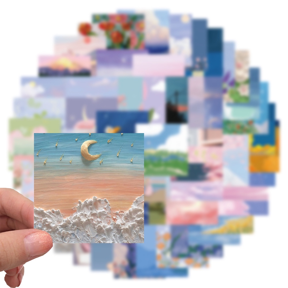 Bộ 56 Miếng Dán Tranh Sơn Dầu Chống Nước Hình Phong Cảnh Hoạt Hình