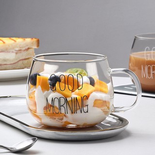 Cốc Thủy Tinh Good Morning Dung Tích 320ml. Kiểu Dáng Tròn Bầu Có Quai Cầm (có SHIPNOW giao trong ngày)
