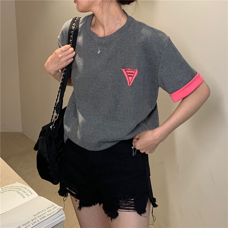 Áo Thun Tay Ngắn Cổ Tròn Màu Sắc Tương Phản Thời Trang Mùa Hè Cho Nữ