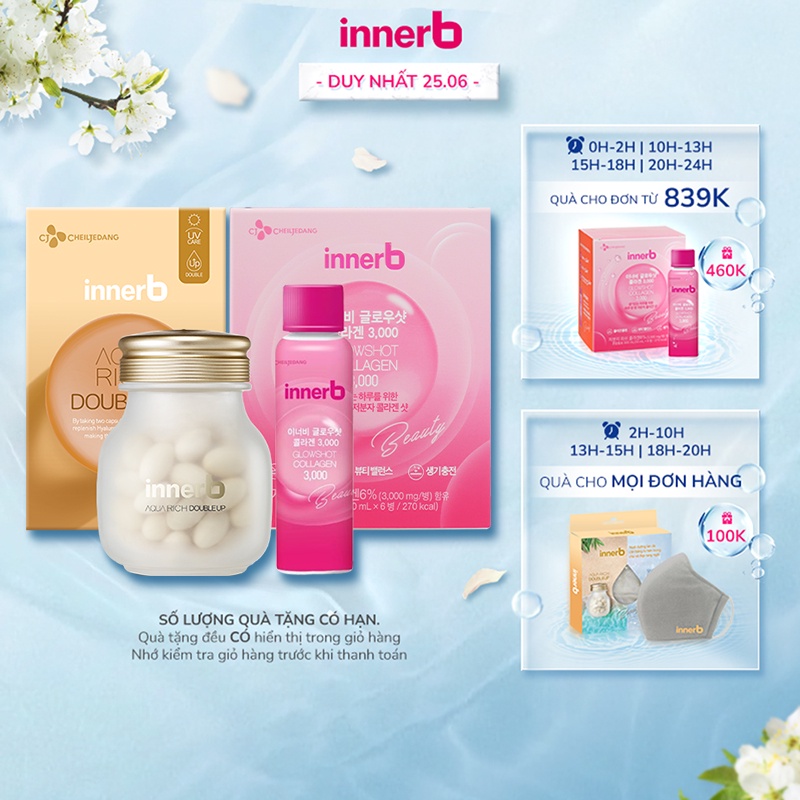 Combo nước uống Collagen InnerB (50mlx6) & AQUA RICH DOUBLEUP lọ 56 viên