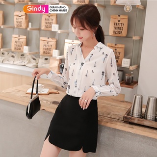 Áo sơ mi nữ kiểu họa tiết lụa dài tay GINDY cổ cách điệu sơmi form vừa dáng basic thời trang nữ, công sở,học sinh A6140