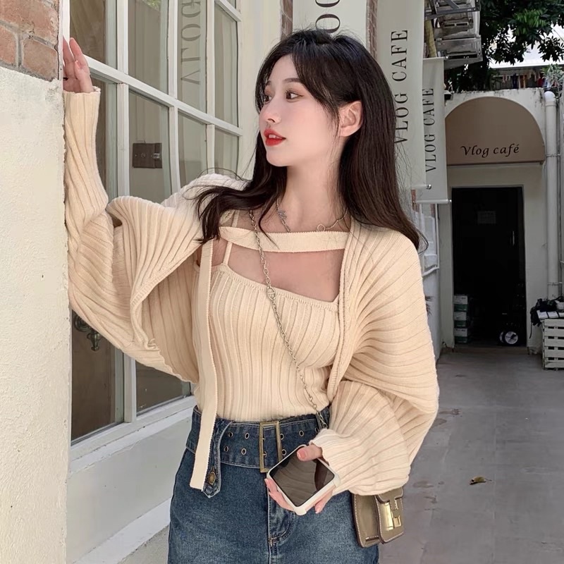 Áo Khoác Gân Tay Phồng Dây Cài Chéo