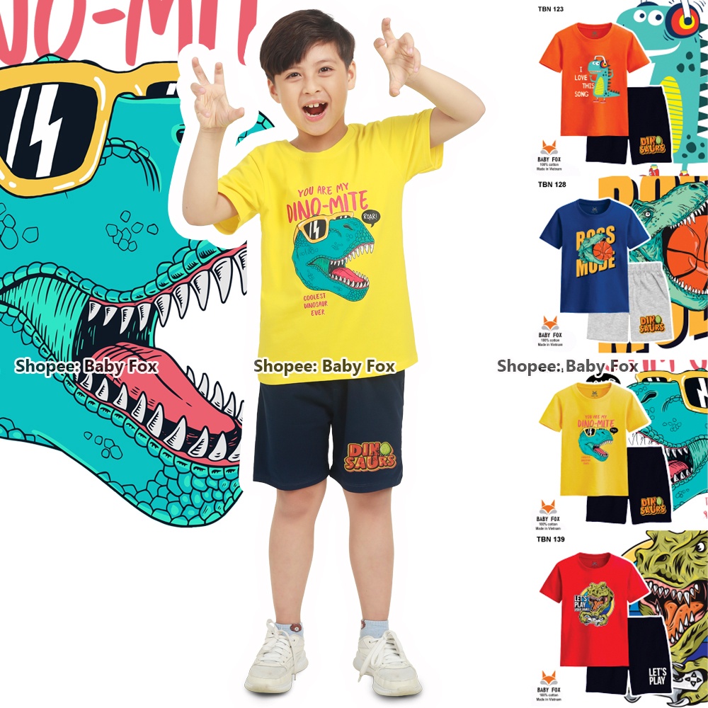 Bộ thun bé trai 100% cotton loại tốt, thương hiệu BABY FOX, hình khủng long T-rex, size nhỏ, trung, đại b