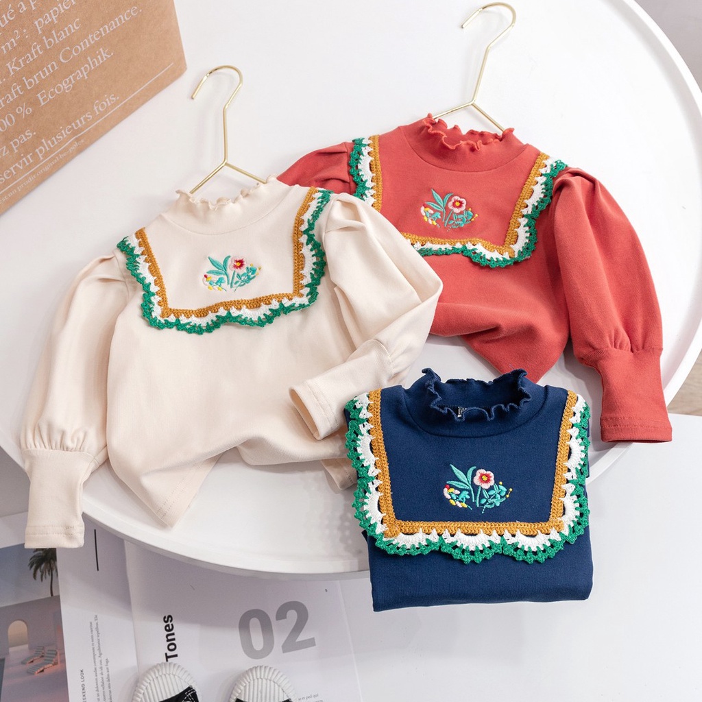 Áo thu đông bé gái thêu hoa DINOKING Áo dài tay phồng cho bé phong cách Hàn Quốc cổ 3p chất thun mềm mịn 2-8 tuổi AD14