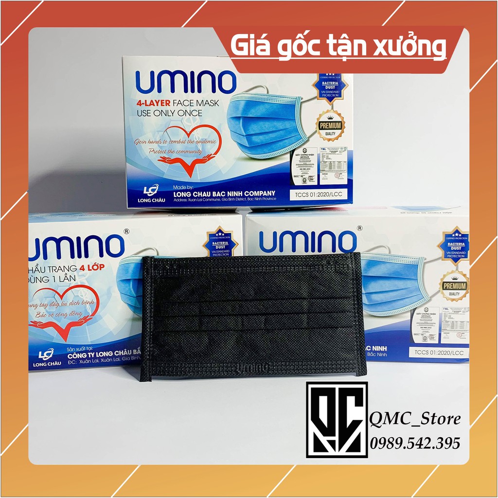 Khẩu trang y tế, Khẩu trang Umino màu đen, hàng 4 lớp, chính hãng, hộp 50c #QMC