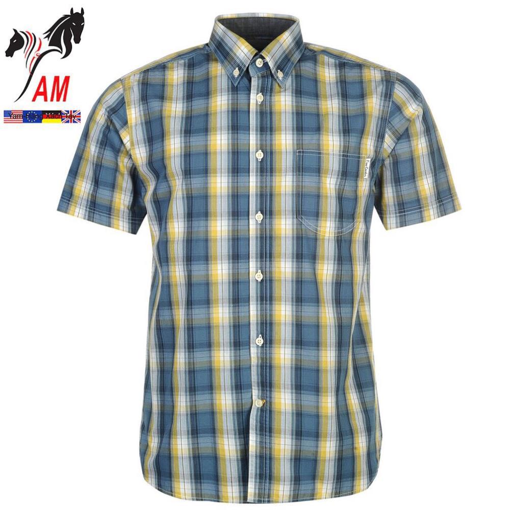 [100% cotton] Áo Sơ Mi Nam Ngắn Tay PIERRE Cardin Short Sleeve Cham Shirt Mens (Blue/vàng- Size EU - UK) !