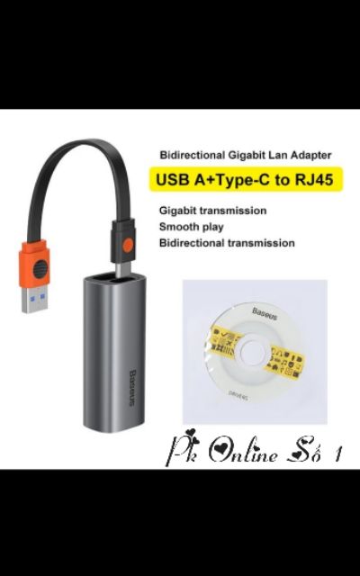 Bộ chuyển đổi USB Baseus 2 trong 1 Loại USB C sang cáp mạng Hub 1000Mbps cho Macbook Pro Mi Box 3 Chuyển đổi Lan