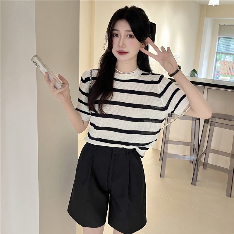 Áo kiểu ZHELIHANGFEI dệt kim tay ngắn cổ tròn dáng rộng kẻ sọc ngang trẻ trung hợp thời trang