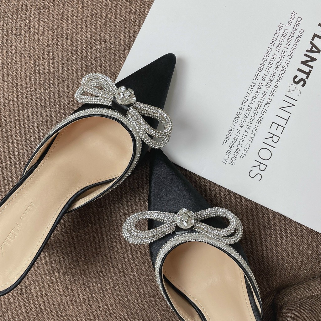 Giày Cao Gót Nữ Đen 5 Phân Mũi Nhọn Đính Nơ Sang Chảnh