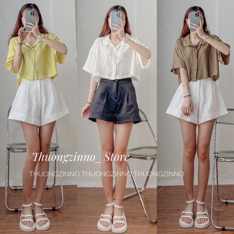 Áo sơ mi croptop thiết kế cổ sen chất lụa nhăn Hàn Quốc