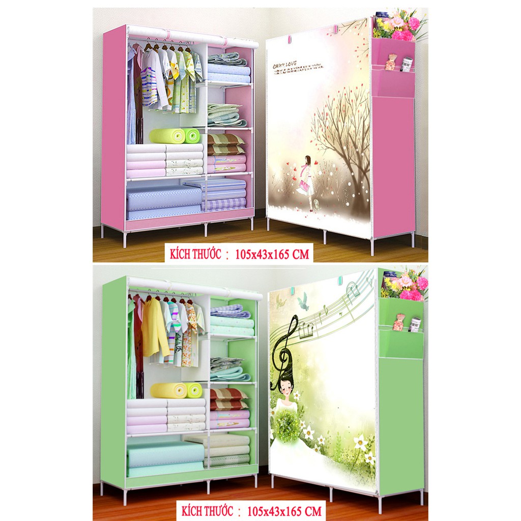 Tủ vải 2 buồng 6 ngăn khung Inox đựng quần áo họa tiết 3D