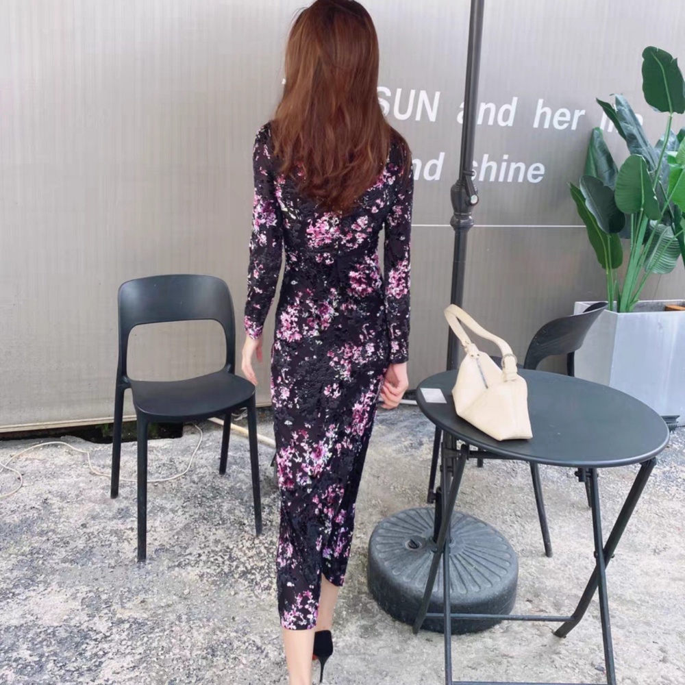 Đầm Body Kann Model Nhún Eo Cổ Chữ V Dài Tay Họa Tiết Hoa Tím Che Khuyết Điểm Tôn Dáng vải Chiffon HV73