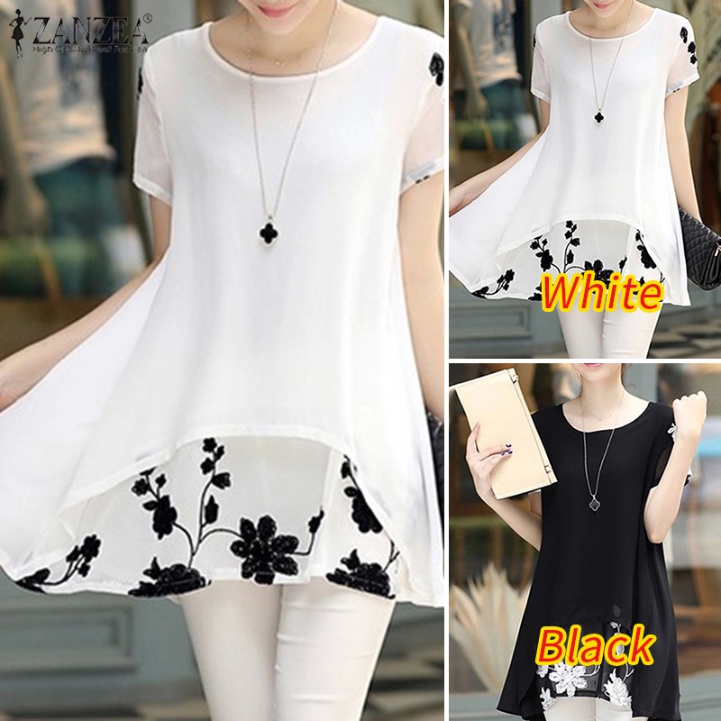 Áo kiểu ZANZEA cổ tròn ngắn tay in hoa thời trang cho nữ