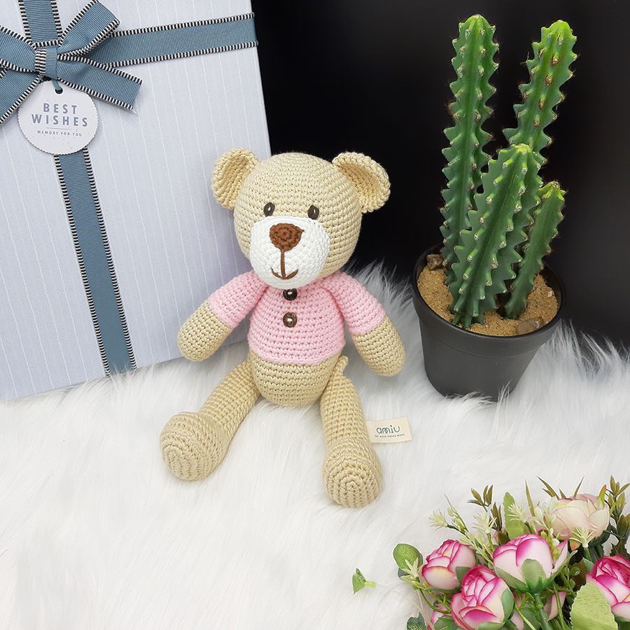 Gấu bông cao cấp - Gấu Teddy handmade làm từ len coton màu xanh hồng - SP000129