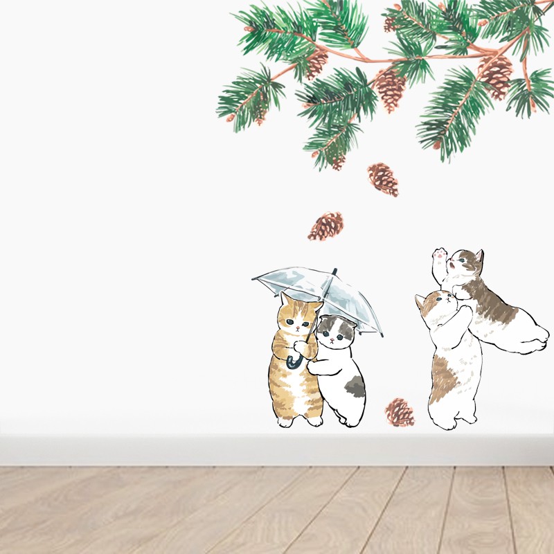 Decal Dán Tường Trang Trí Phòng Khách, Phòng Ngủ, Dán Cửa Kính | Decal Chủ Đề Thiên Nhiên - Mèo Cành Thông