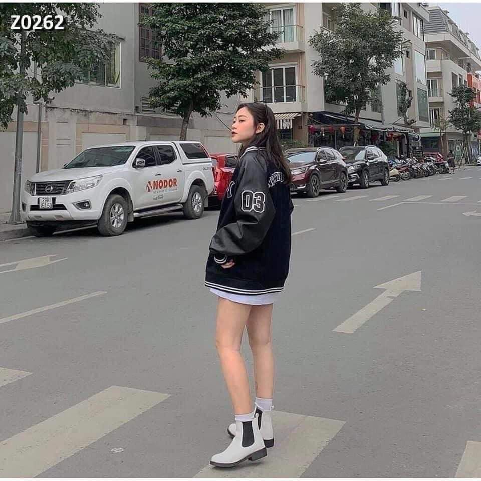 Áo khoác BomBer ,  Tay da ,03 New York Nam Nữ Ni Phối Tay Da Zadola Fashion