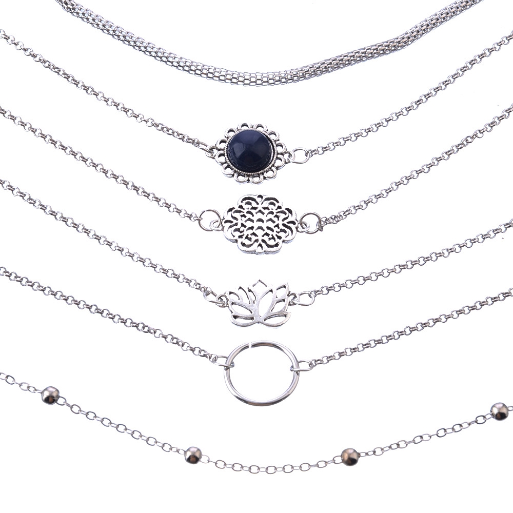 Set 6 vòng tay nhiều lớp mặt hình tròn/hoa sen kết hạt đính đá khoét rỗng thời trang dành cho nữ