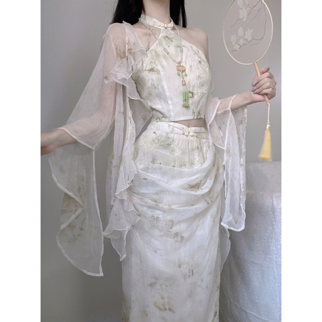 Set Áo Hai Dây + Áo Khoác Cardigan Lệch Tà + Chân Váy Dài Lưng Cao Phong Cách Trung Hoa Thời Trang Mùa Thu 2022 Mới