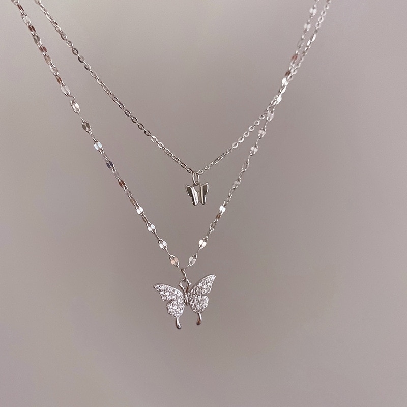 Flash Diamond Butterfly Double Necklace, For Women Simple Design Crystal Elegant Wedding Jewelry Gifts Necklaces