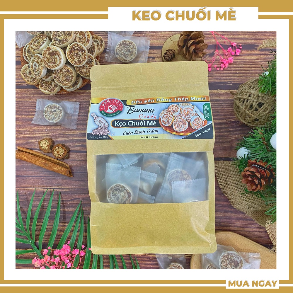 Kẹo chuối Mè cuộn bánh tráng Senfarm ít đường bịch 500g