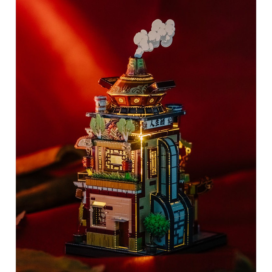 Mô hình lắp ghép kim loại 3d 4 tiệm hàng( tiệm lẩu-tiệm may-tiệm trà-sòng bạc) -tặng kèm đèn led (MU)