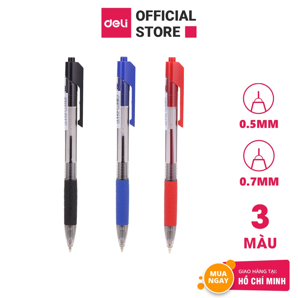 Bút bi dầu Deli - 0.5mm/0.7mm - đầu bấm / đầu nắp, mực Xanh/Đen/Đỏ -12 cây/hộp - EQ01830 / EQ01930