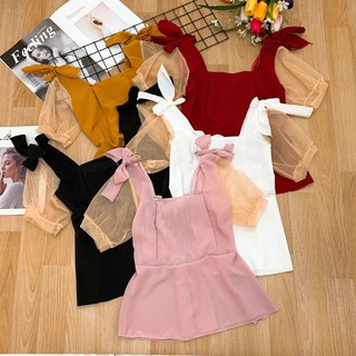 Áo voan tay lưới ngắn cổ vuông nơ vai bánh bèo TTKX0584