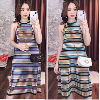 Đầm len dệt kim sọc ngang