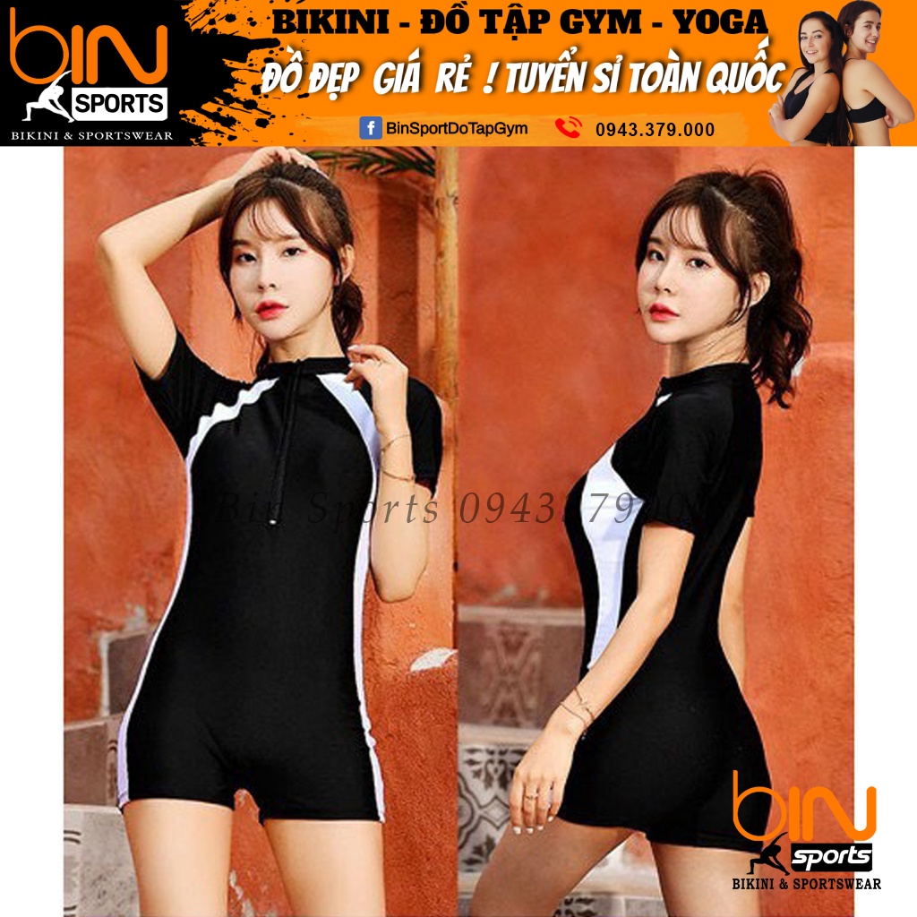 Bikini Bộ Đồ Bơi Nữ Liền Thân Đùi Có Tay Phối Viền Trắng  Đủ Size Từ 40kg đến 63kg Bin Sports BHV145