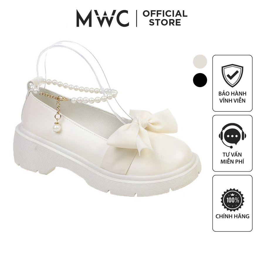 Giày MWC 2273 - Giày Lolita Nữ Quai Ngọc Mũi Đính Nơ, Giày Búp Bê Đế Cao Phong Cách Hàn Quốc