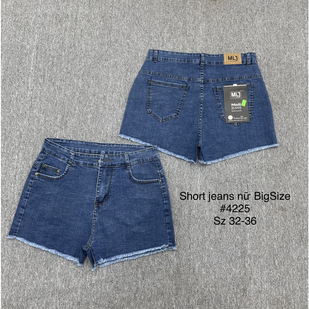Quần short jean nữ BigSize lưng cao trên rốn, co dãn mạnh, tua lai, màu xanh đậm trơn kiểu dành cho người mập 4225 MLJ