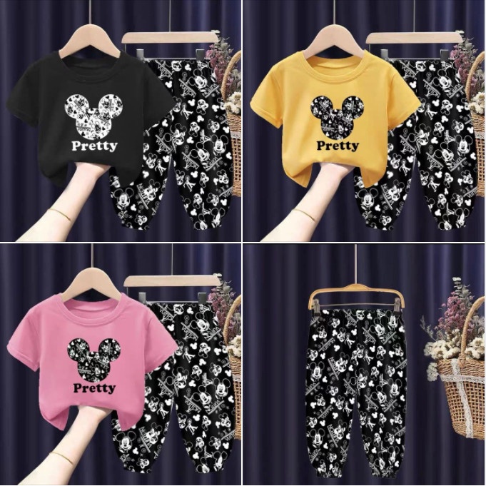 Bộ Quần Áo Mickey Cộc Tay, Quần Dài Mùa Hè Chất Vải Thun Cho Bé Trai Và Bé Gái Từ 8kg Đến 35kg Gumball Shop
