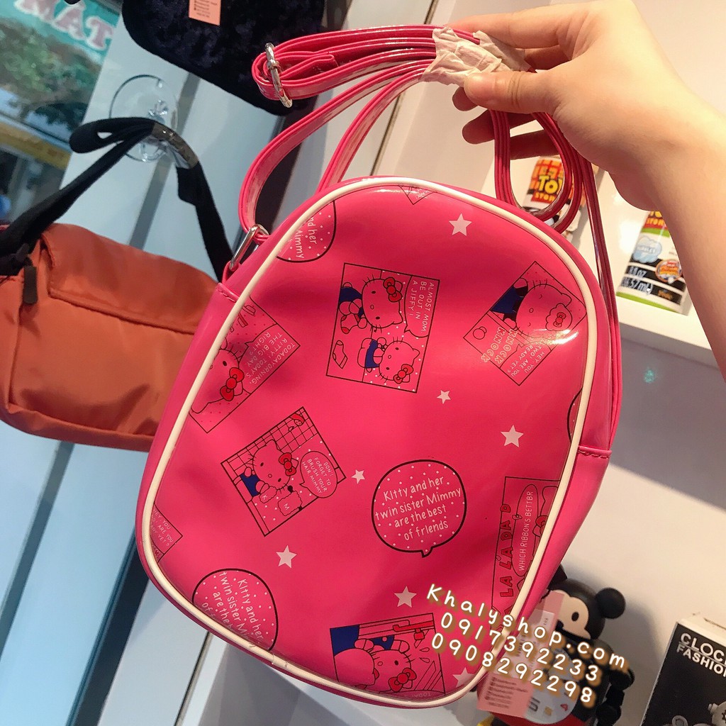 Túi đeo chéo hình Mèo Hello Kitty 2 ngăn da bóng màu hồng đậm siêu xinh cho bé gái - 72-HD1323 - (17x7x22cm)
