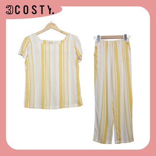 Bộ Đồ Nữ Mặc Nhà, Bộ Đồ Ngủ Thiết Kế Tole (Lanh) Cổ Ngang Quần Dài – 3COSTY. B3DCN Sọc Vàng