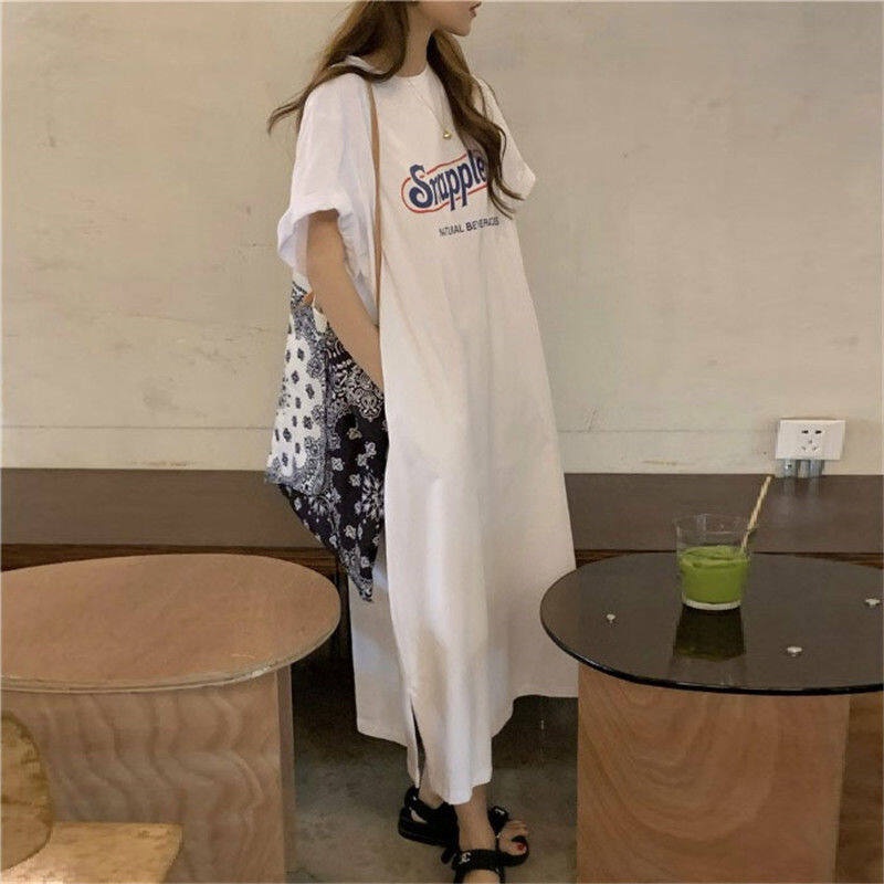 Đầm thun dài dáng rộng IELGY tay ngắn in họa tiết phong cách Hàn Quốc thời trang mùa hè cho nữ