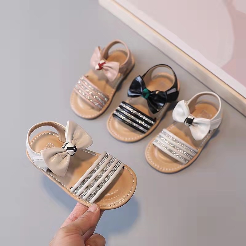 (có ảnh thật) Sandal cho bé - dép quai hậu bé gái đan dây tắt nơ da mẫu hot siêu điệu, có quai dán V732