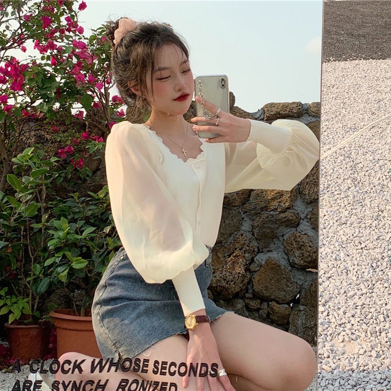 Áo chiffon dệt kim cổ vuông phong cách retro cho nữ