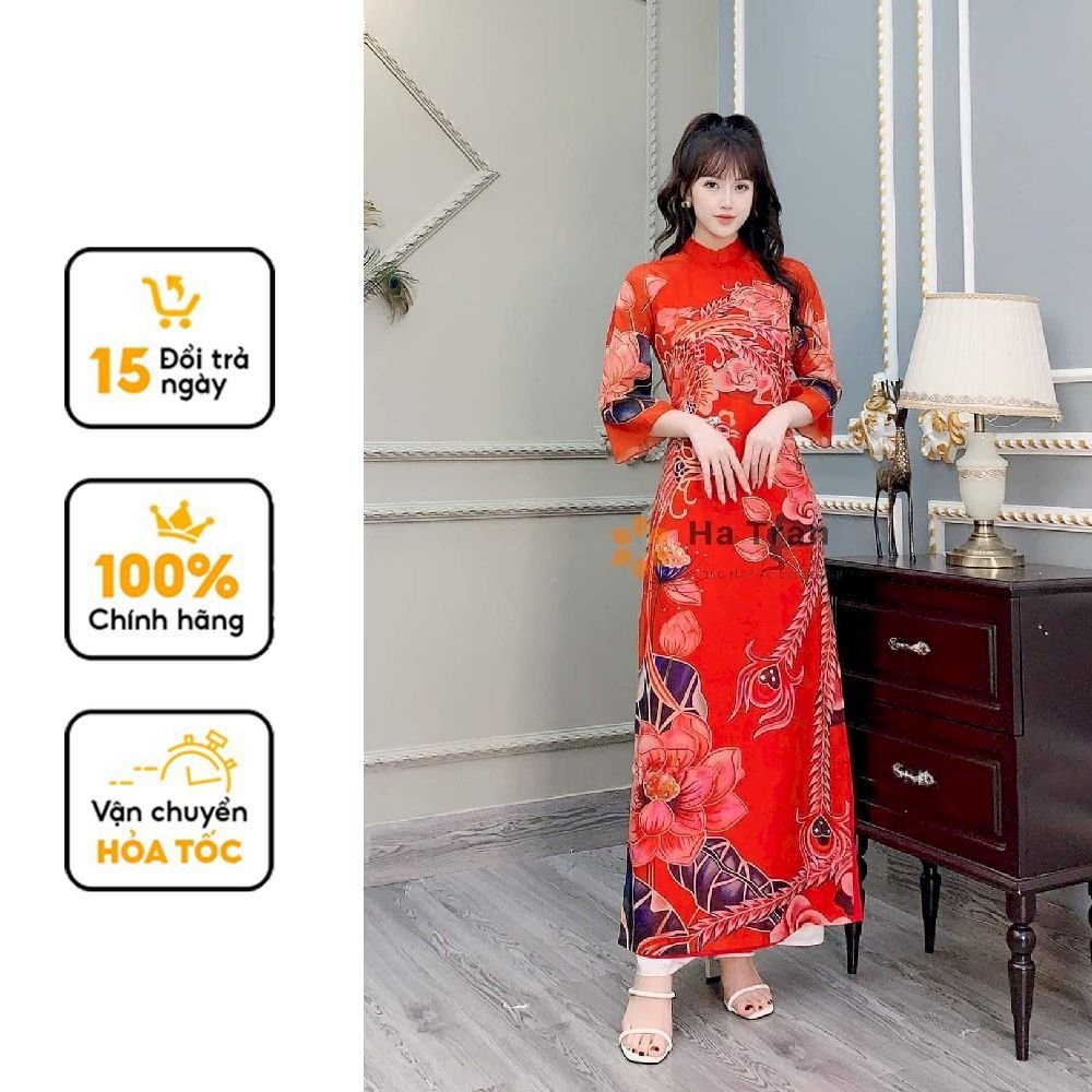 TẶNG QUÀ Áo dài tơ áo dài cách tân kết kim sa cao cấp màu đỏ tết áo dài truyền thống ANLAC