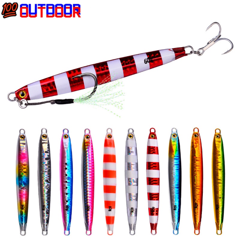 Mồi giả câu cá kim loại jig jiging 10G/20G/30G/40G/60G Mồi gang dài chì cá chìm đường phụ Mồi cứng lưỡi câu đôi Mồi dạ quang OT-LF100