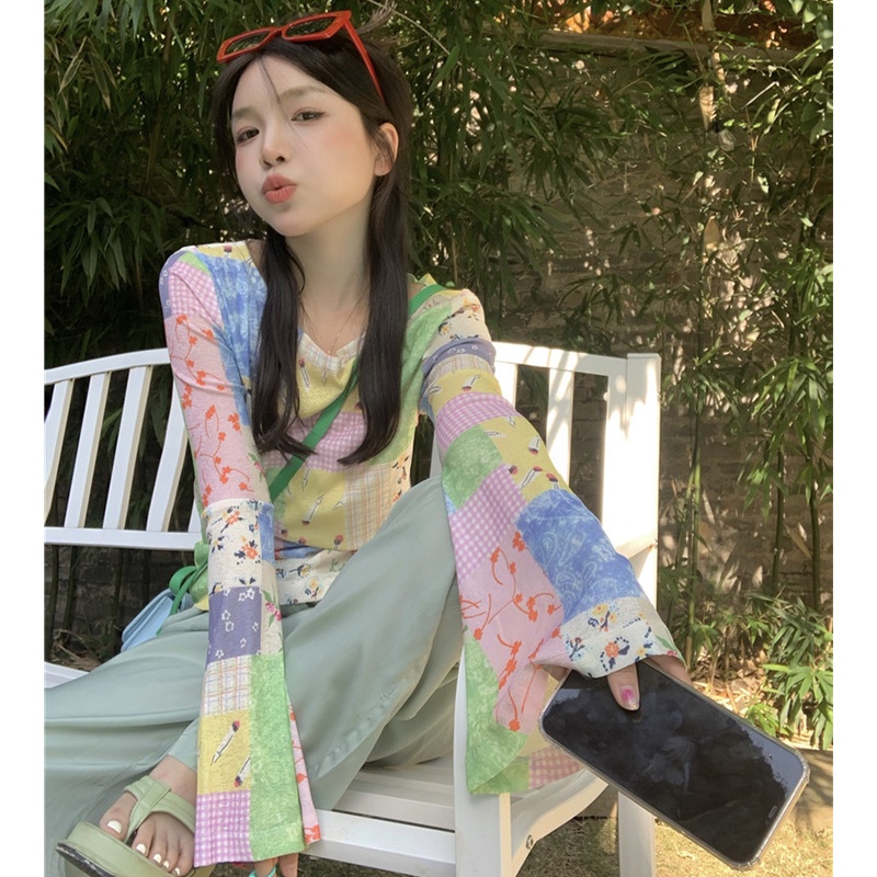 Áo Thun Tay Dài Dáng Rộng In Họa Tiết Phối Màu Thời Trang Mùa Hè Xinh Xắn Cho Nữ