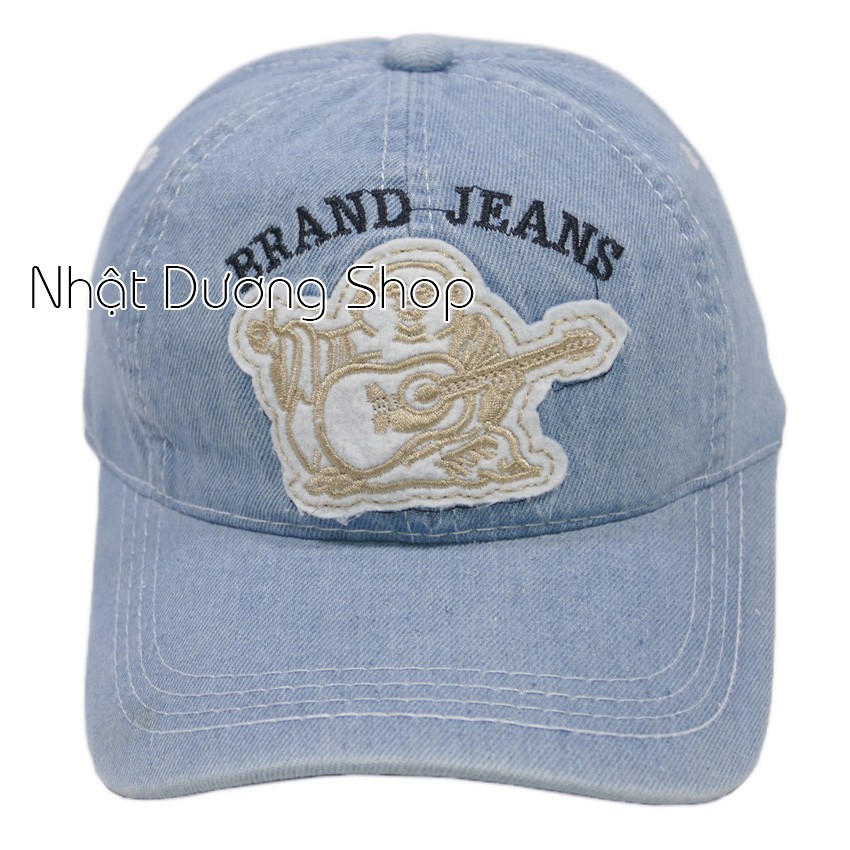 Nón kết jean gắn hình ông địa thời trang, khóa gài đồng sang trọng và phù hợp thời trang