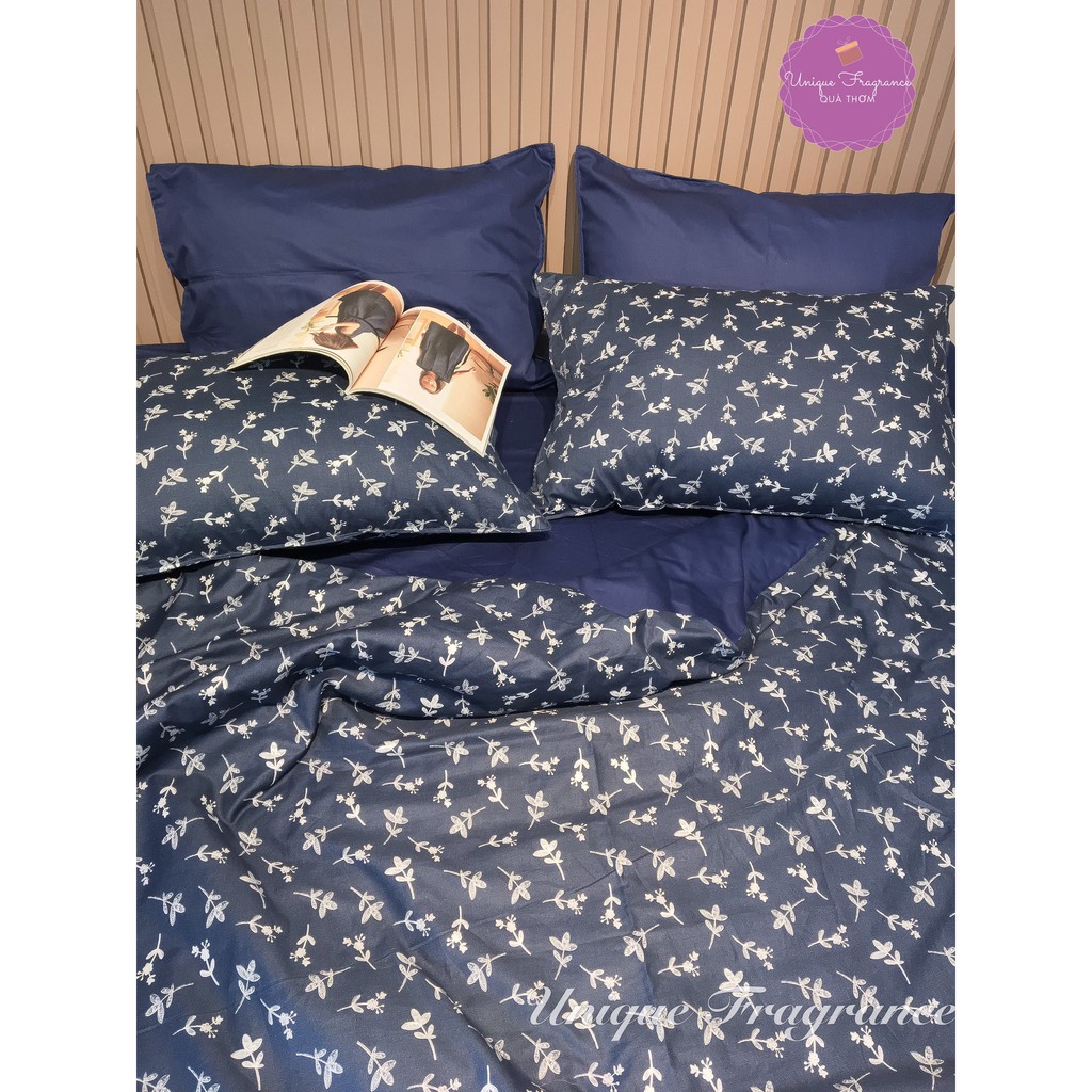 Set vỏ chăn ga gối hoạ tiết hoa sao nền navy COTTON 100 % HQ - UNIQUE FRAGRANCE
