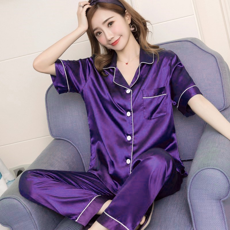 Bộ Đồ Ngủ Ngắn Tay Vải Phi Bóng Cho Nữ Size M-5Xl