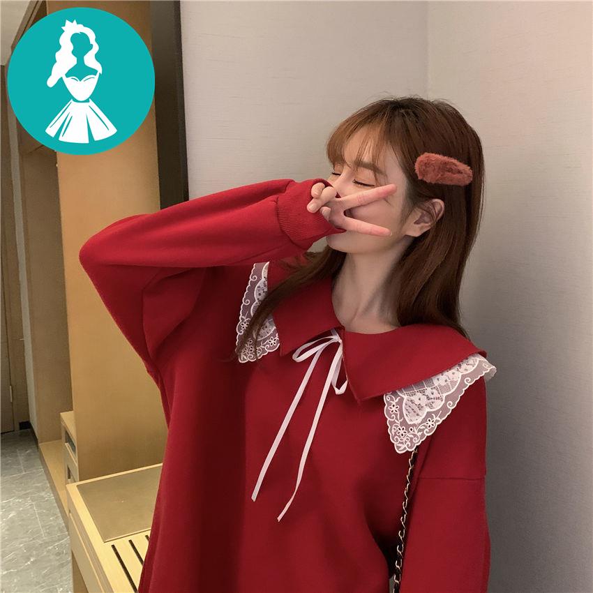 Áo sweater Lông Cừu Dáng Rộng Màu Đỏ Phối Nơ Thời Trang Năm Mới Cho Bạn Gái