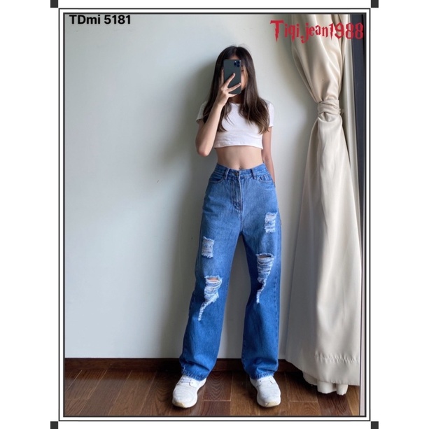 [Tiqi.jean1988] Quần jeans ống rộng rách kiểu cá tính