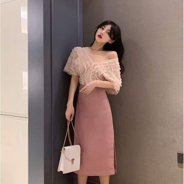 Chân váy midi A hồng phấn xẻ sườn | BigBuy360 - bigbuy360.vn