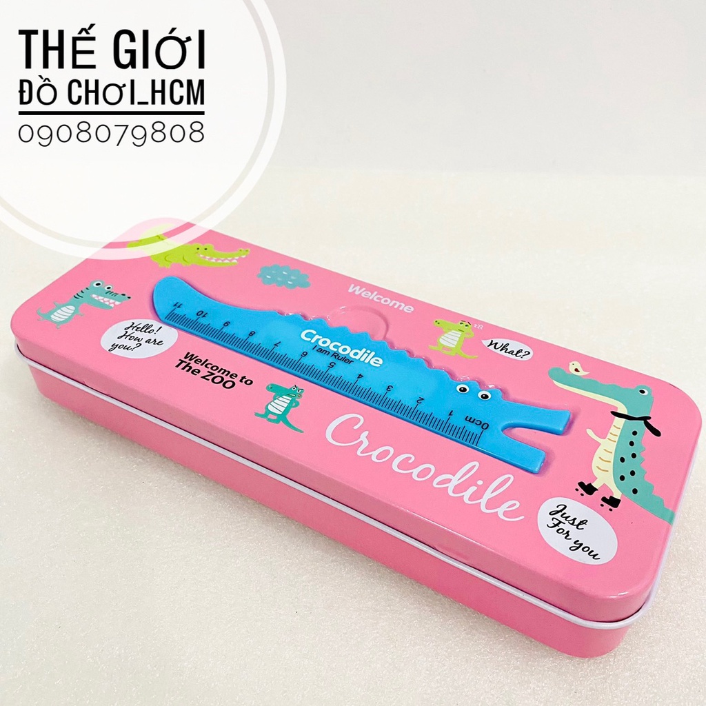 [TRỢ GIÁ-KÈM THƯỚC] Hộp bút sắt hai tầng cho bé đựng viết, hộp viết có họa tiết cá sấu Crocodile siêu dễ thương 675