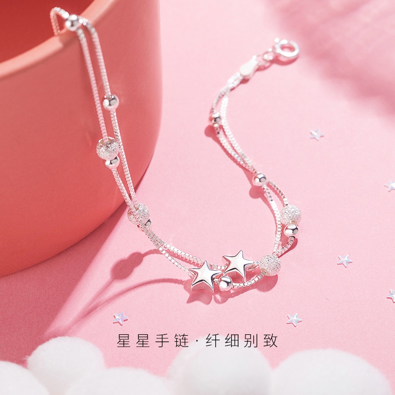 Vòng tay bạc 925 hai lớp thiết kế hình ngôi sao đơn giản thời trang cho nữ